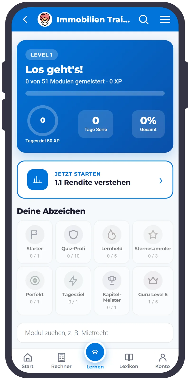 Immobilien lernen App: Training mit Lektionen, Level, Tagesziel und Abzeichen