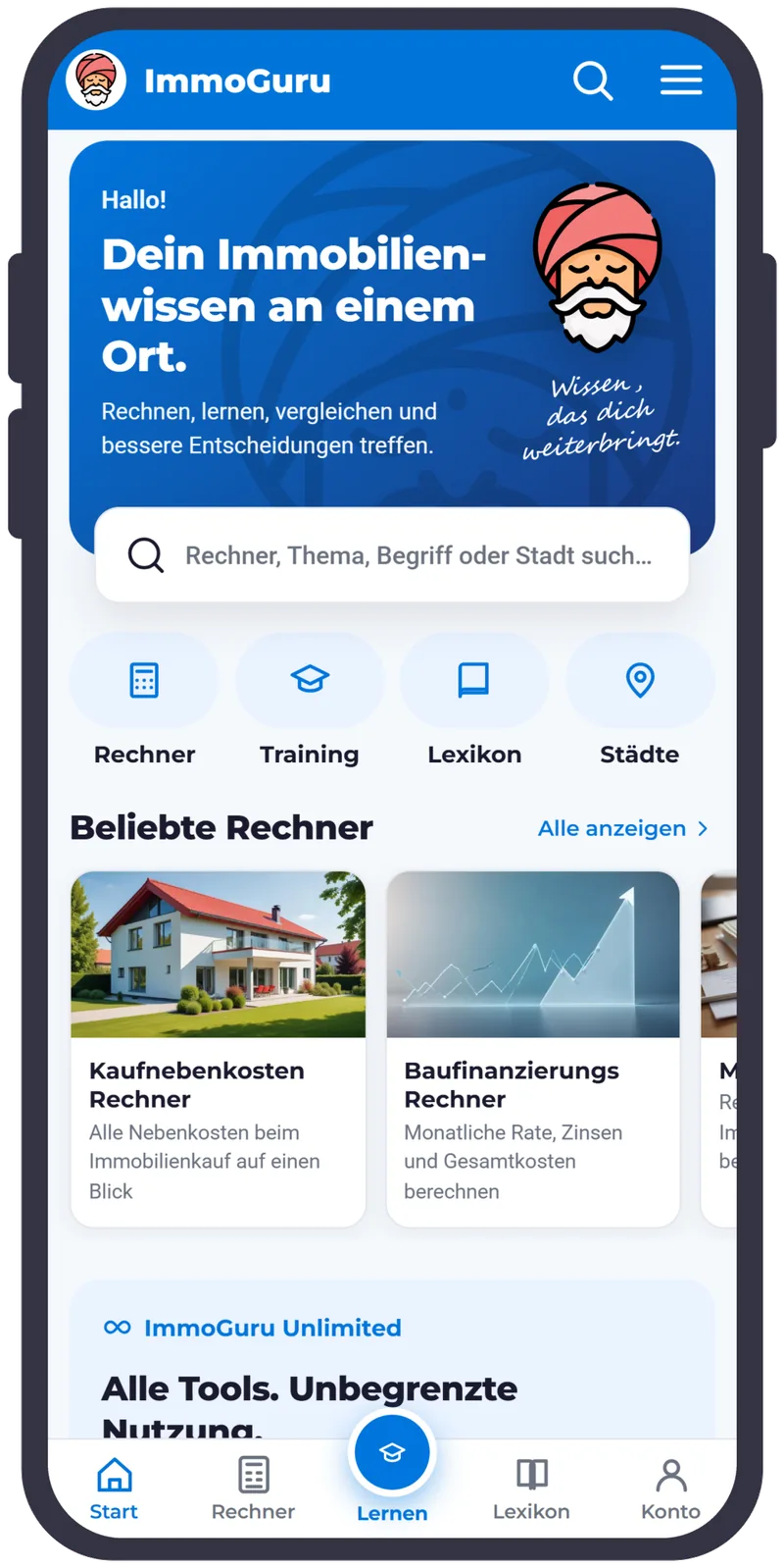ImmoGuru Immobilien-App Startseite mit Rechnern, Training, Lexikon und Städten auf dem iPhone